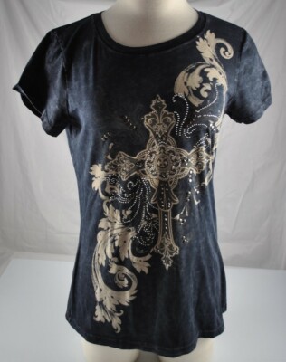 NWOT Crystal Saint Black Tan Graphic Shirt Embellished