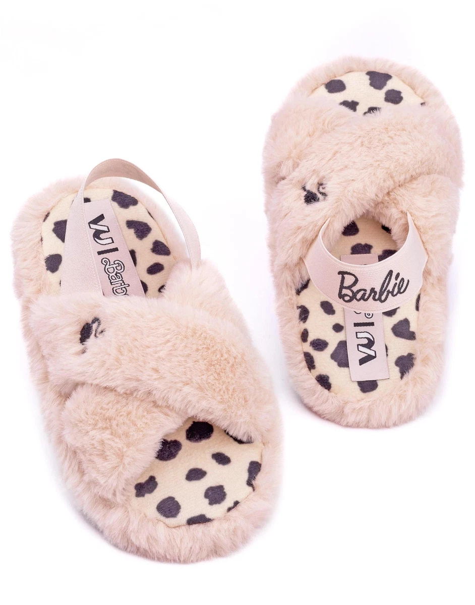 Barbie Girls Slippers Kids Doll Fluffy Cross Strap House Sliders