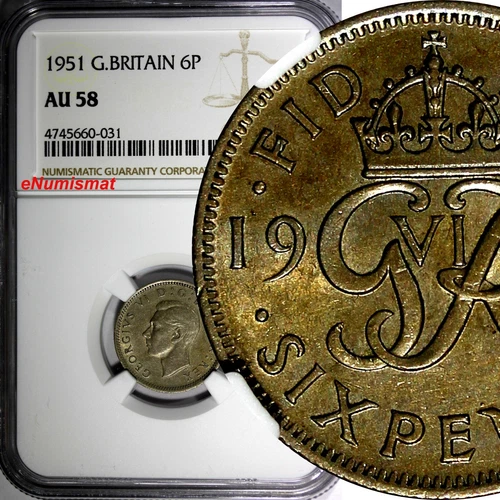 Great Britain George VI Copper-Nickel 1951 6 Pence NGC AU58 Toned KM# 875 (031)