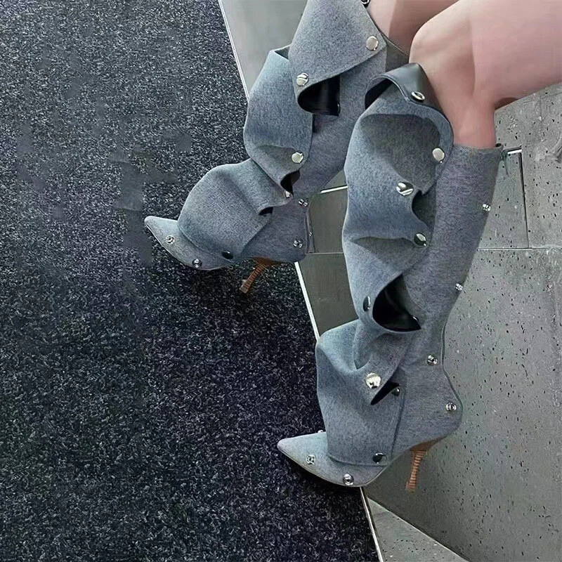 Женщин вкратце носок плиссированные сутулиться колена ботинки взлетно-посадочной полосы Clubwear шпильки каблуки - Изображение 2 из 4