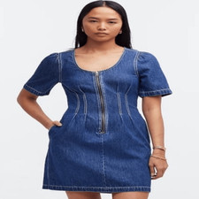 Madewell Pleated Waist Half Zip Denim Dress in Pixie Wash Size 0 (Q6) NWT