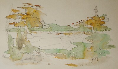 Dilma Pollak - Aquarell auf Stift - Dorf am Gewässer - 1993 - 25 x 33 cm