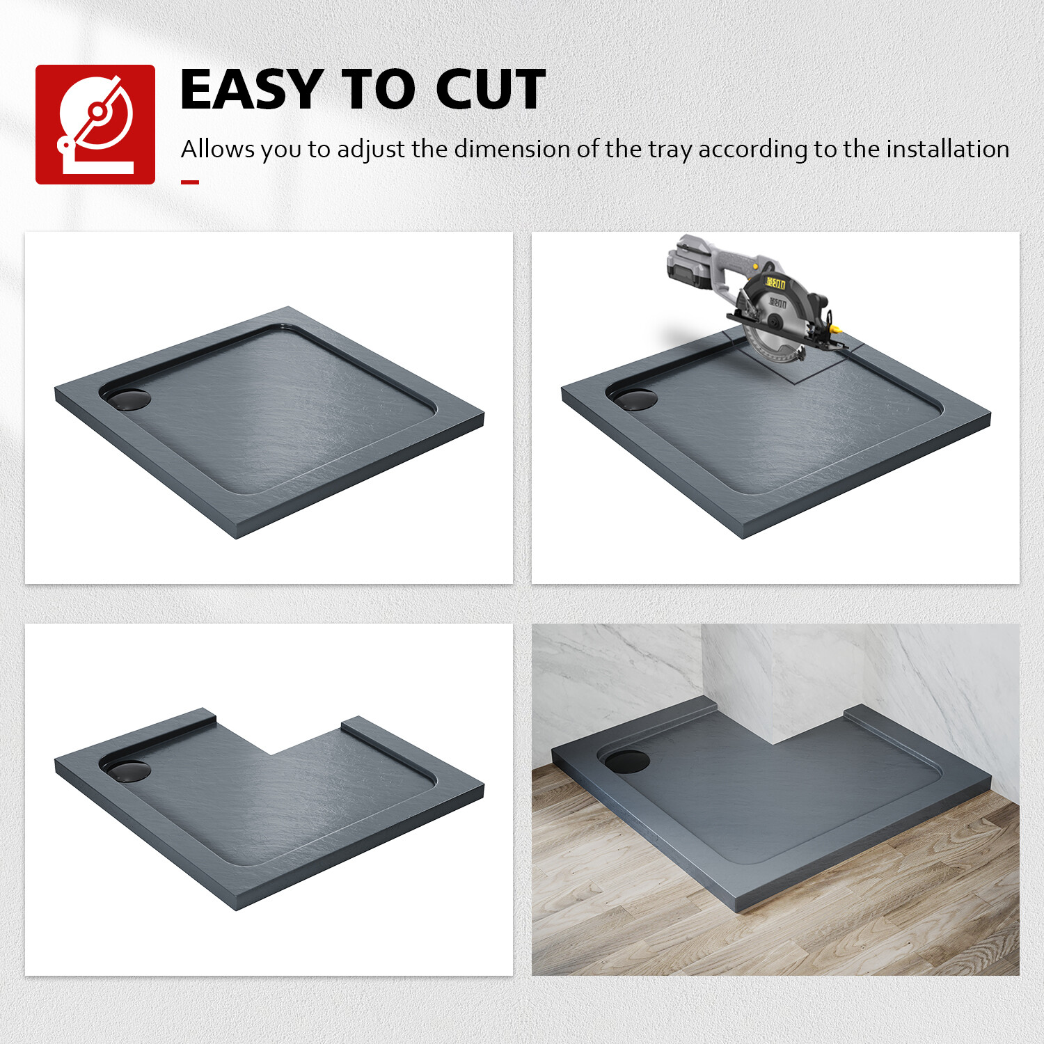 Square Shower Tray Grey Slimline Non-slip Stone Resin Slate textured ...