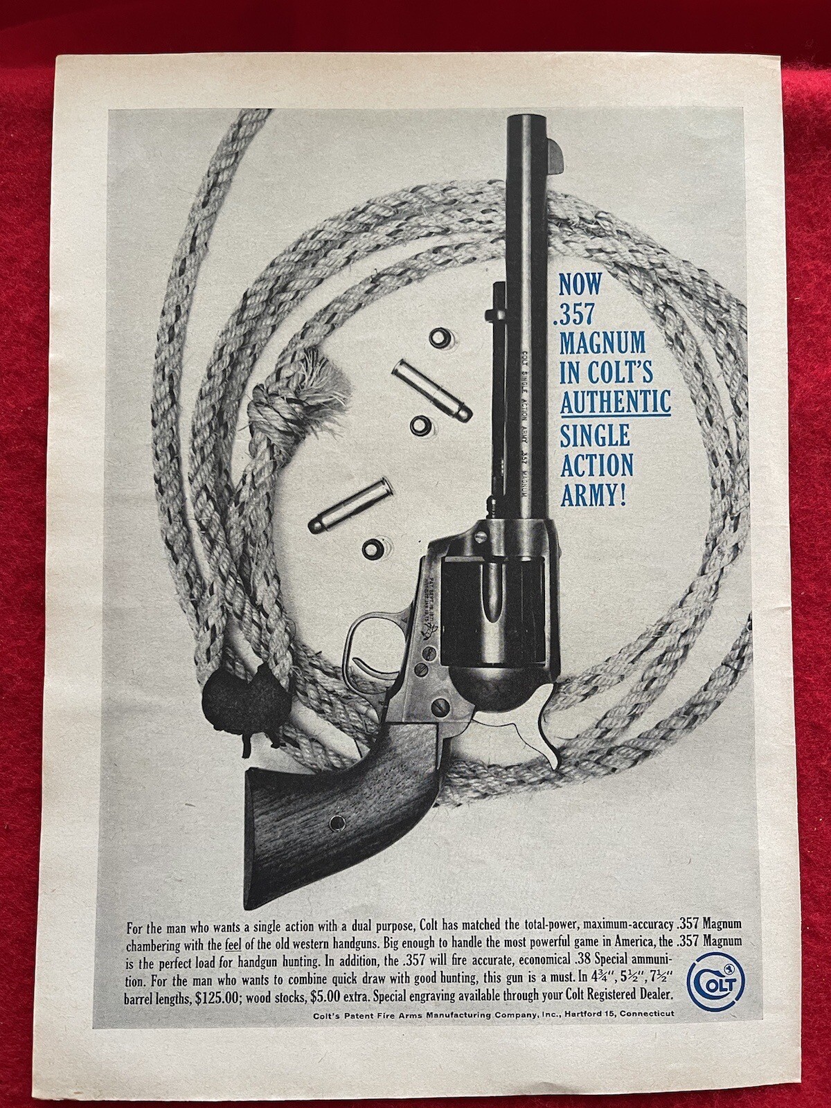 Vintage 1960 Print Ad Colt .357 Magnum Single Action Army Advertisement