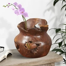 Natural Teak Root Shallow Bowl Vase 9.8'' Hand-Carved Wooden Modern Farmhouse