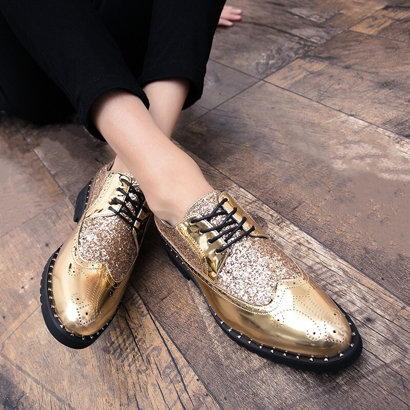 Mens Korean Fashion Glitter Sequin Pointed Toe Brogues Shoes