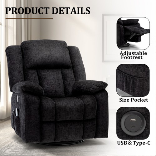 360° Swivel Rocker Recliner with Massage and Heating, With Side Pockets and USB - Picture 21 of 45