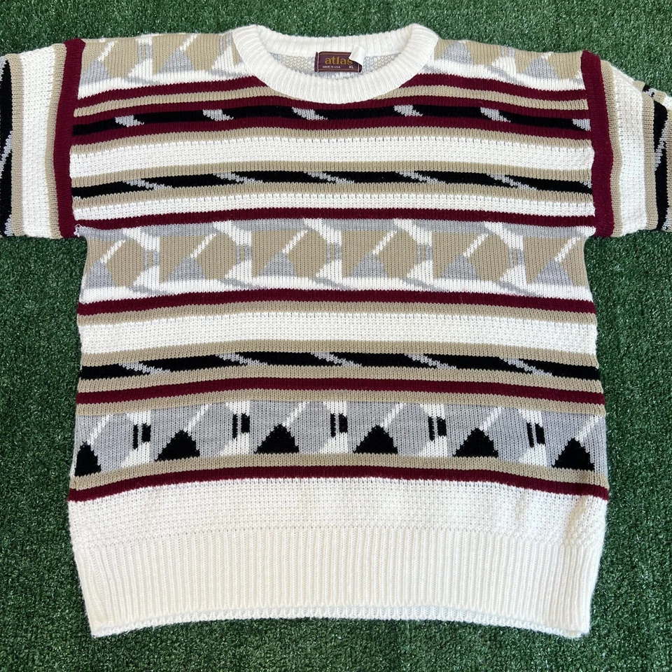 Suéter estilo abuelo XL vintage años 90 Atlas tejido 3D blanco granate dorado FSU Coogi estilo Foto 2 de 4
