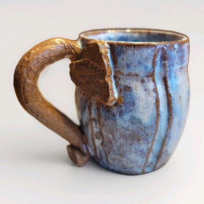 Handmade Studio Art Pottery Mug Blue Brown Drip Glaze Artist Signed Dated EUC 