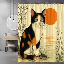 Cute Cat Shower Curtain with Sunset and Nature Design