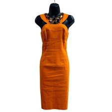 Adrianna Papell Orange Linen Blend Beaded Statement Neck Sheath Dress Size 6
