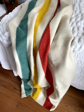 VTG LARGE COZY CABIN/LODGE/SKI STRIPED WOOL BLANKET 89" X 75"