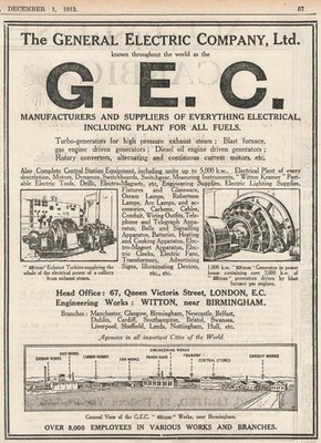 1913 The General Electric Comany GEC, Witton Works Birmingham, Originalanzeige