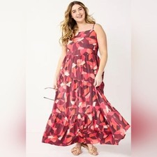 Nine West Large Vibrant Abstract Print Tiered Maxi Dress Flowy Summer Boho Chic