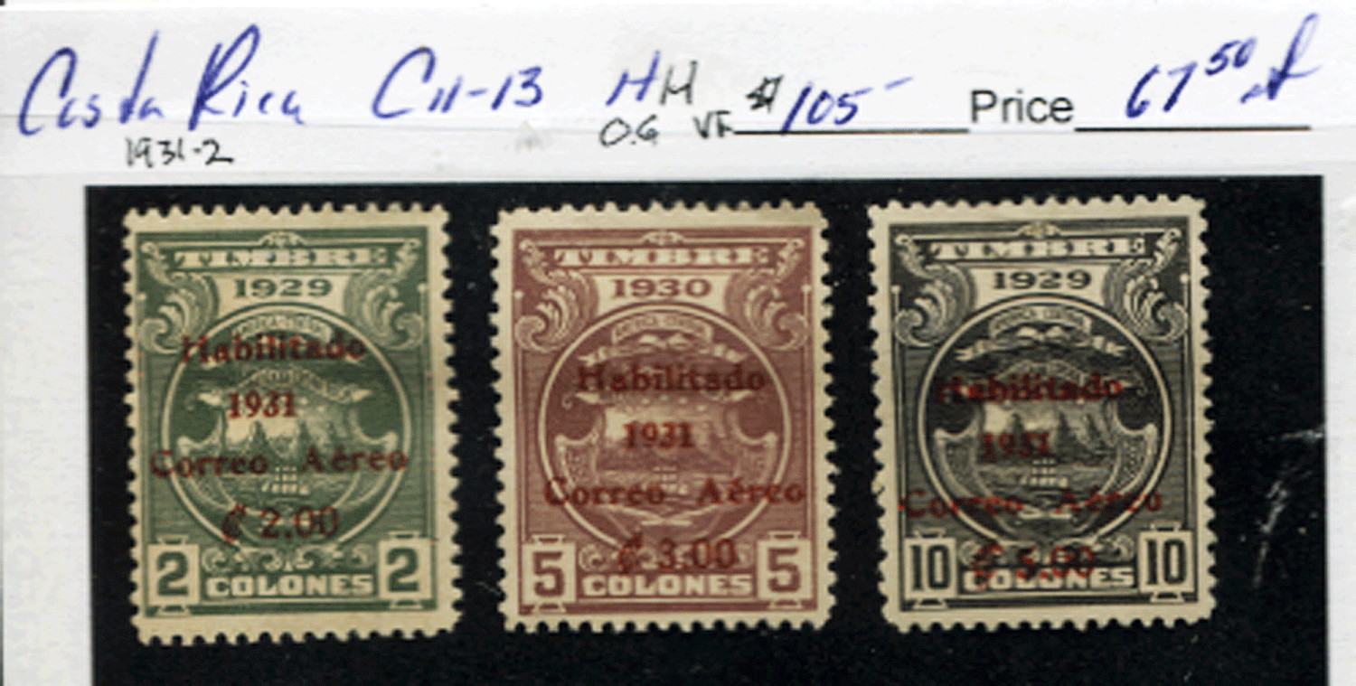 🦋🦋Rare! Costa Rica Airmail, 1931-2,Sc#C11-13,MHH, OG, F/VF Sc$105.00
