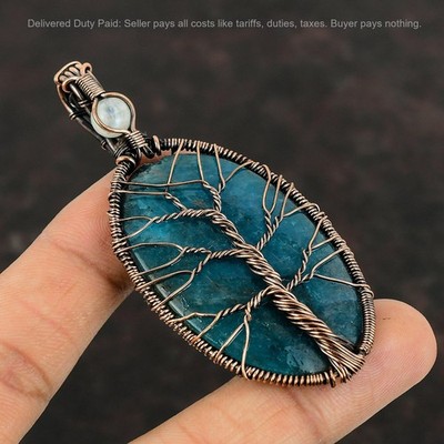 Copper Neon Apatite Gemstone Rainbow Moonstone Wire Wrapped Tree Of Life Pendant