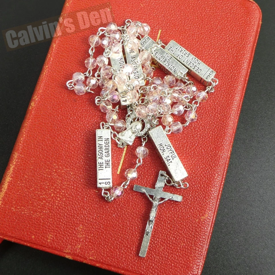 Collar Crucifijo Misterios del Rosario Devocional Metal Cuentas Cristal Rosa Foto 3 de 4