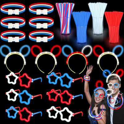 180 PCS 4th of July Glow Sticks with Connectors, 12 Red White Blue Glasses Glow