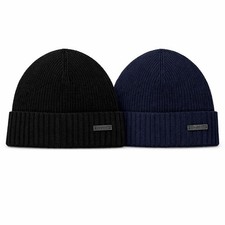 HUGO BOSS Fati Beanie Hat Mens 100% Virgin Wool BNWT Black Navy Logo RRP £59