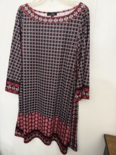 Suzanne Betro Geometric Print Swing Dress M Red Black Boho Stretch Tunic Midi