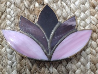 Vintage Pink & Purple Stained Glass Lotus Suncatcher Handmade 4.5" x 3" in