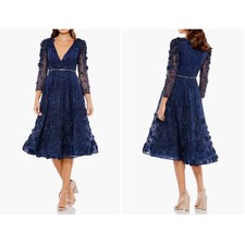 Mac Duggal Navy Blue Floral Appliqué Lace Fit & Flare Cocktail Dress 16