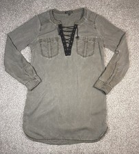 Express Tunic Mini Dress Olive Green Size M Roll Sleeve Front Pockets