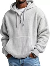 Mens Heavyweight Full-Zip Waffle Hooded Sweatshirt Long Sleeve Solid Color Casua