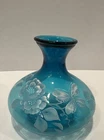 FENTON BLUE GLASS HAND PAINTED VASE SIGNED PAM FLEAK BUTTERFLY FLOWERS DESIGN