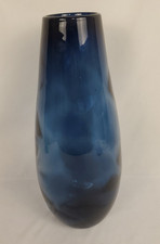 Large Blue Hand-Blown Glass Vase Wavy Swirl MCM Art 14.5" Tall
