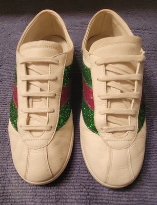 GUCCI FALACER WHITE PATENT SPARKLED STRIPE LOGO SNEAKERS SIZE 36 SIZE 6 US