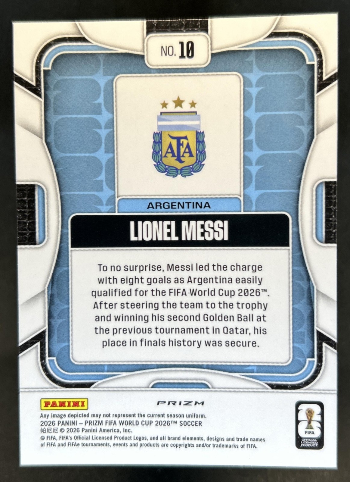 2026 Panini Prizm World Cup Lionel Messi Breakaway Blue and Red #10 Argentina view 2