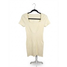 QQQ Women Cream Ribbed Knit Square Neck Short Sleeve Bodycon Mini Dress Size M