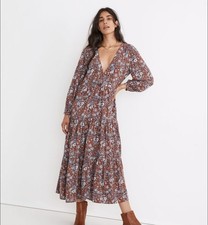 Madewell Long Sleeve Challis Tiered Midi Dress Xsmall Floral Cottage Boho Comfy