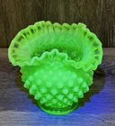 VINTAGE FENTON GREEN URANIUM HOBNAIL RUFFLE VASE CRIMPED 4 1/2" +-