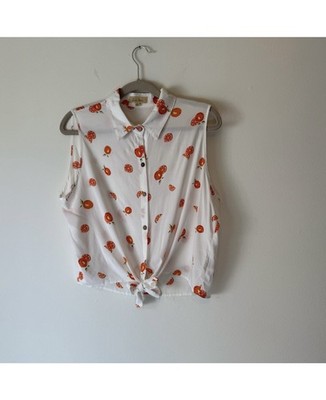 LOVE NOTES Fruit Sleeveless Button Down Tie-Front Blouse Sz XL Vintage Style 14