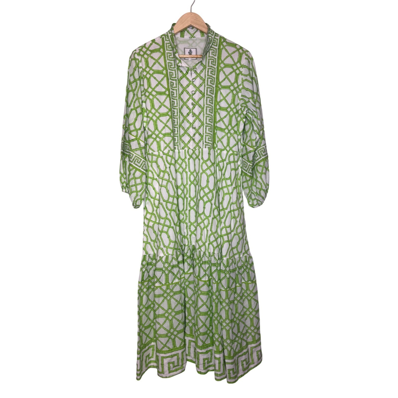 Sue Sartor Paloma Flounce Dress Green White Bamboo Trellis Cotton Midi Large