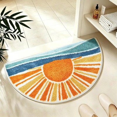 Boho Sun Bath Rug, Half Circle Bath Mat, Soft Plush Fluffy Absorbent Quick Dry