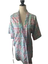 Vintage Saybury Housecoat Robe Pastel Pink Blue Seersucker Lightweight Granny