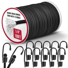 Marine Grade Heavy Duty Bungee Cord Roll with 12 Hooks - Black Elastic Shock ...