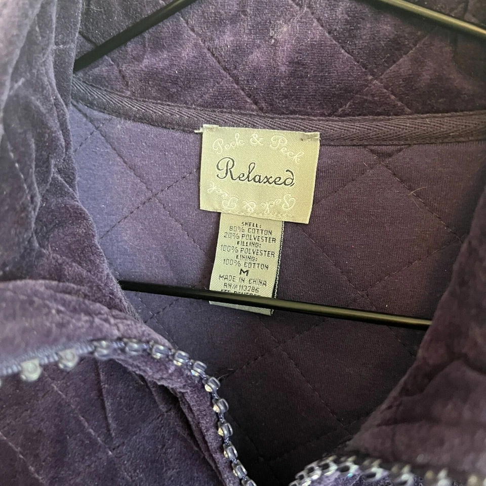 Peck & Peck Relaxed Womens Sz M Purple Velvet Quilted Vest Rhinestone Zipper - Image 3 of 4