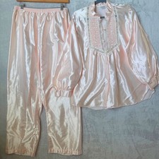 Vanity Fair Pajama Set Pink Satin Lace Ruffle Top  Pants Womens Large coquette