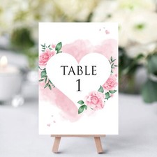 Heart Flower Pink Rose Wedding Table Number Cards 1 to 10 + Top Table