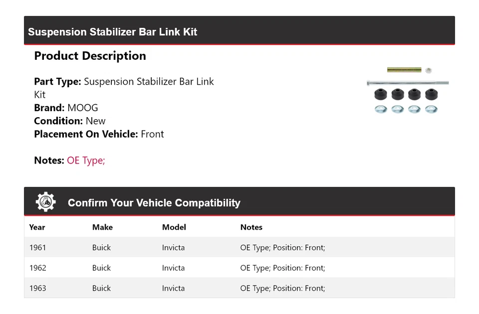 Комплект передних звеньев стабилизатора подвески для Buick Invicta 1961-1963 годов выпуска MOOG 1961 - Изображение 2 из 4