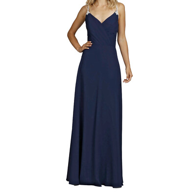 indigo blue bridesmaid dresses Slate Blue Chiffon Ruffled Slit Strappy Back Long Bridesmaid Prom Dress