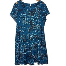 Torrid Floral Georgette Cutout Sleeve Skater Flared Dress Size 18 Teal Blue