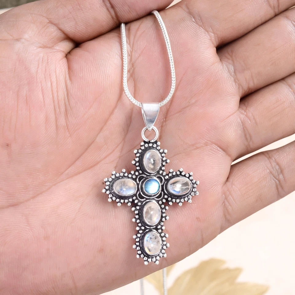 Colgante de plata de ley 925 con cruz de piedras preciosas y piedras preciosas de labradorita arco iris Foto 3 de 4