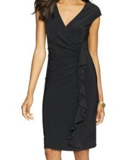 American Living Sz 4 Black Side Ruffle Faux Wrap Sheath V-Neck Dress LBD Stretch