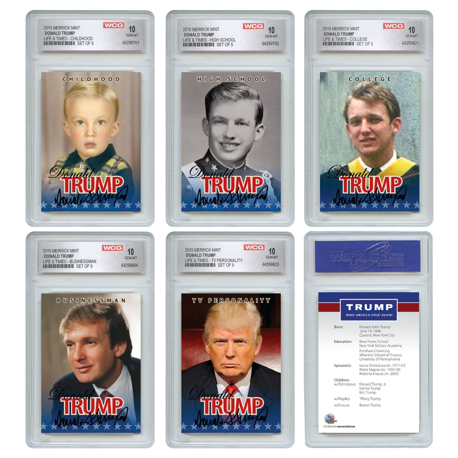 2015 Donald Trump 45Th President Official Life &Amp; Times 5-Card Set - Gem-Mint 10