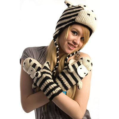 Delux Zebra Black White Winter Warm Wool Mittens Knitwits Knit Adult Mitts New